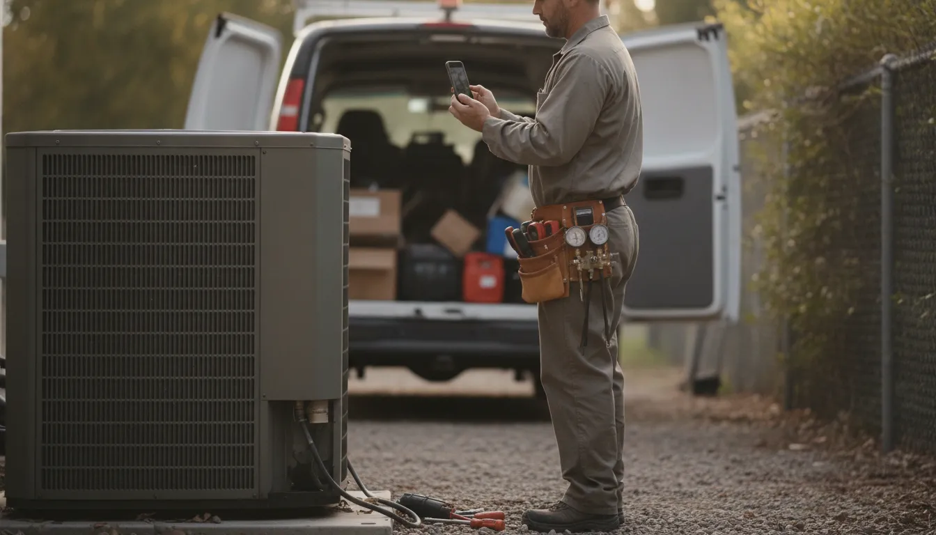 HVAC service technician reviewing a mobile job workflow beside an air conditioning unit
