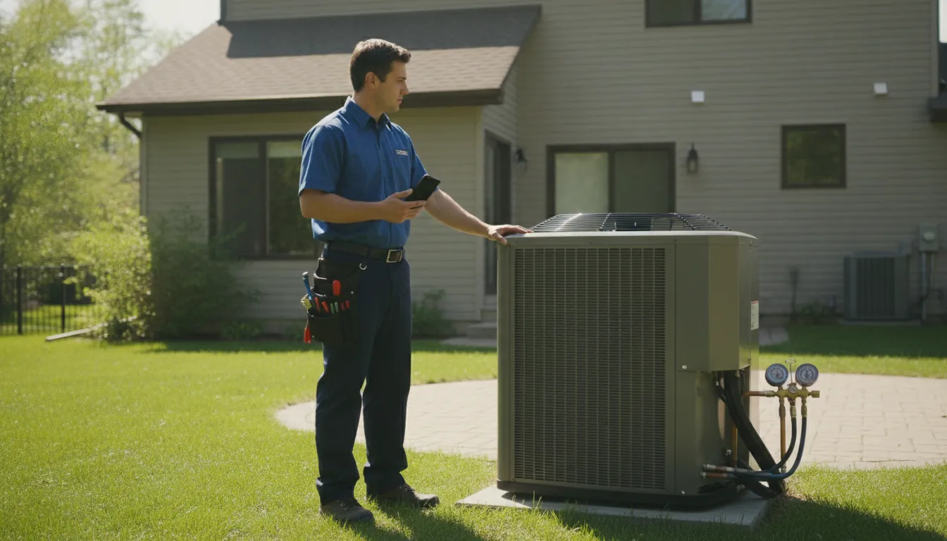 HVAC technician using a mobile job management workflow at a service call