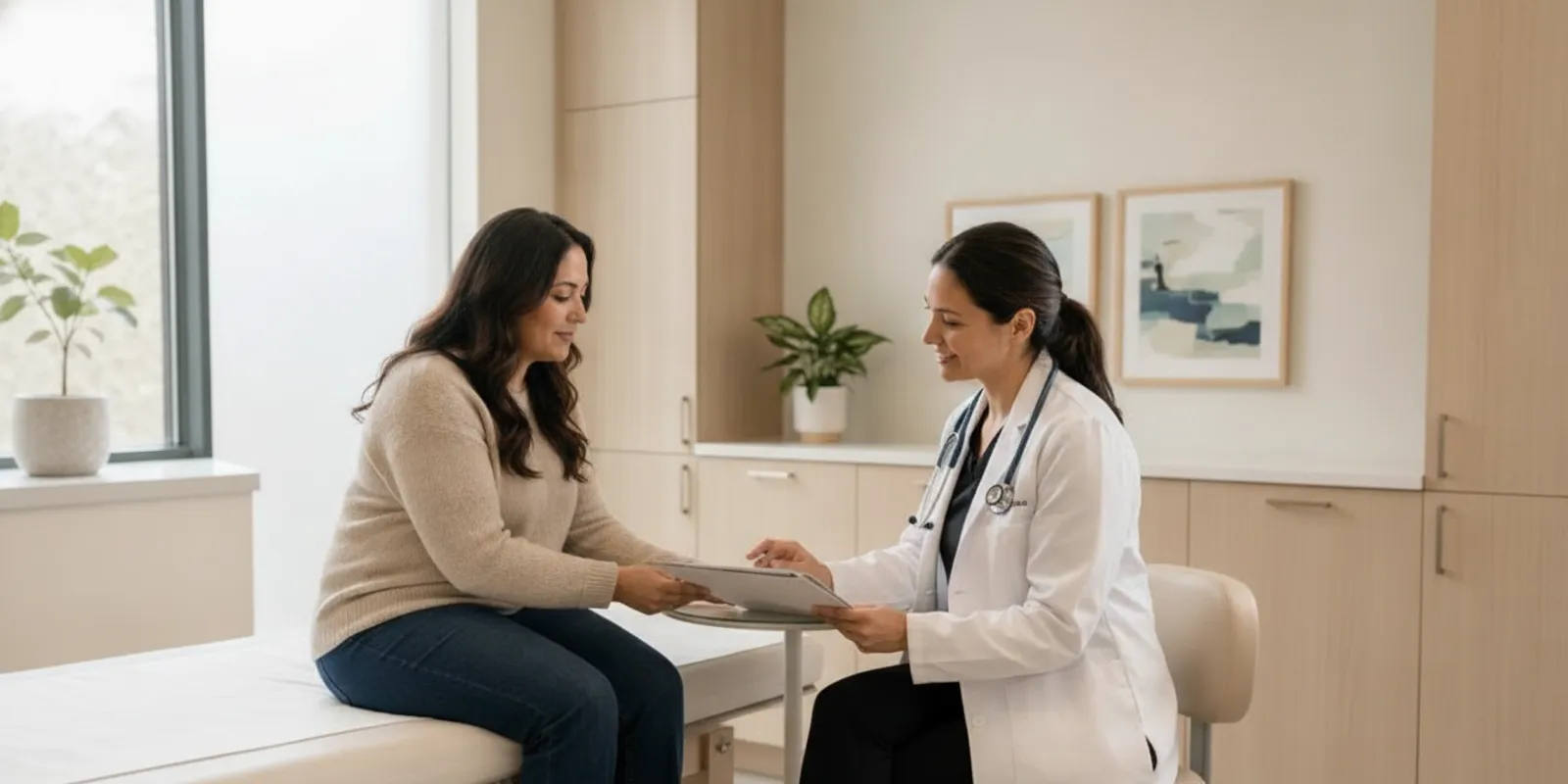Patient and primary care clinician reviewing kidney test results together