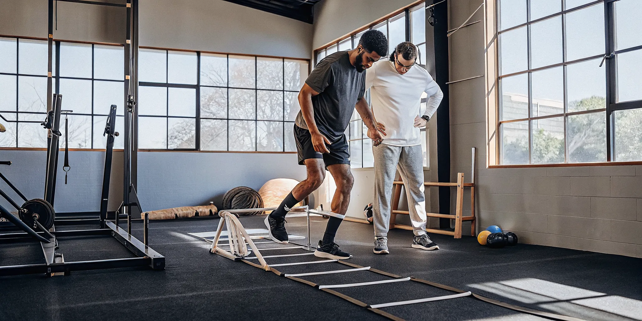 Athlete performing a supervised single-leg hop test during ACL return-to-sport rehabilitation