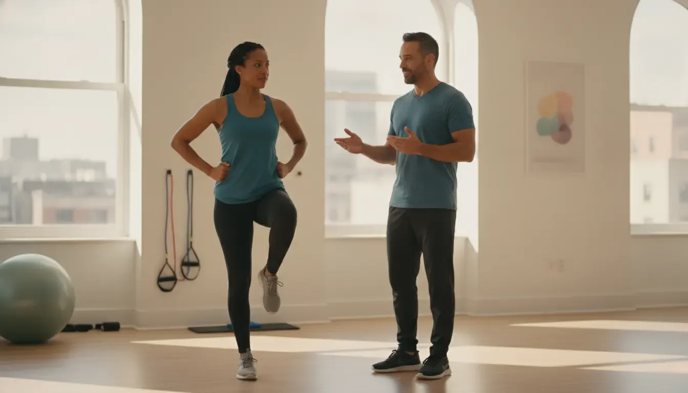 Chiropractor observing a guided movement assessment in a bright clinic