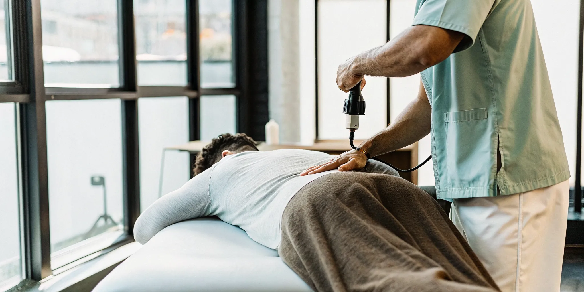 Physical therapist performing Graston Technique on a patient in a Brooklyn clinic treatment room