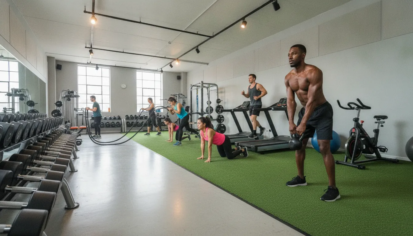 Adults doing a functional gym workout together in a bright Manhattan fitness studio