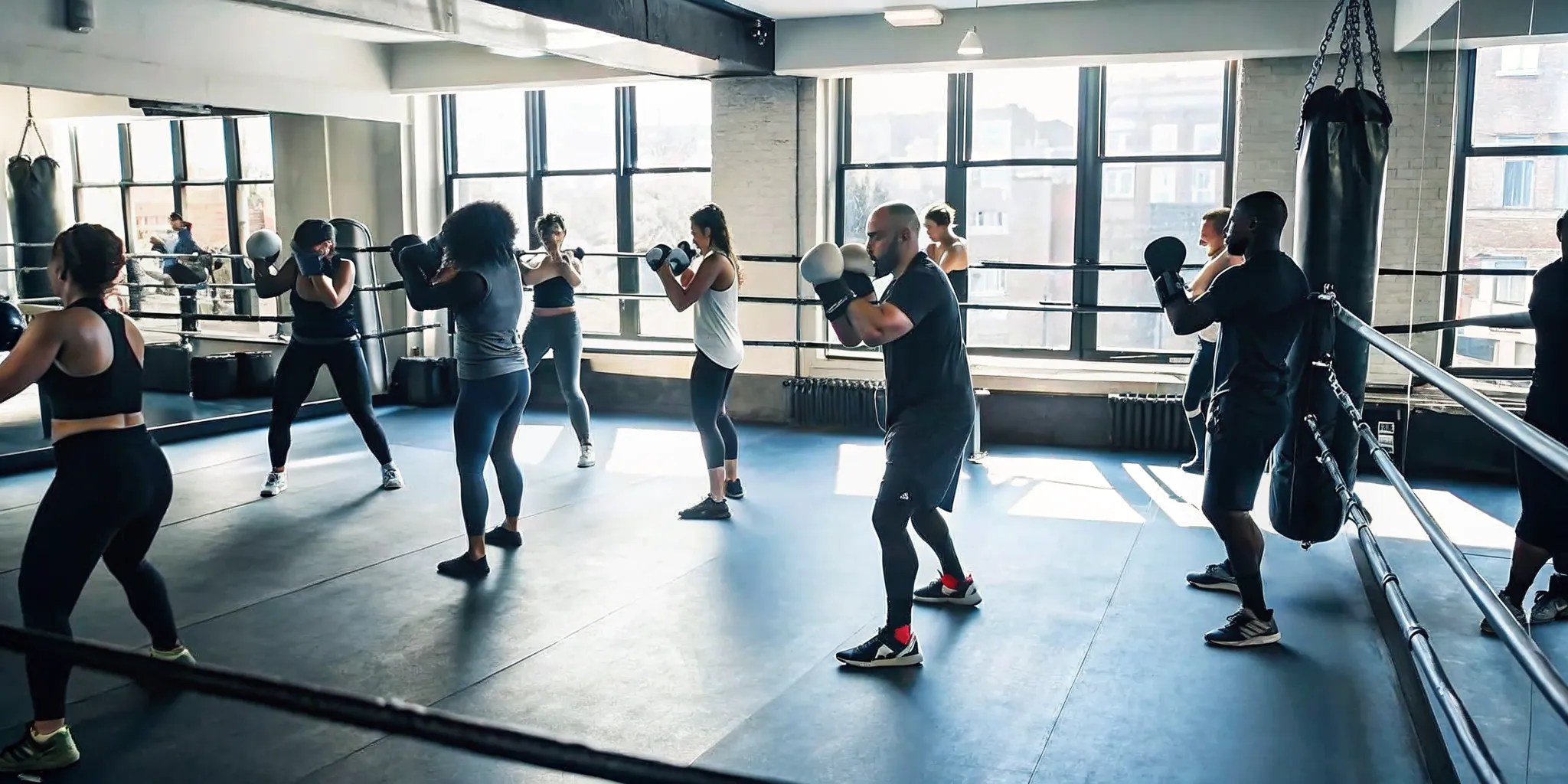 Beginners learning boxing fitness class drills with an instructor in NYC