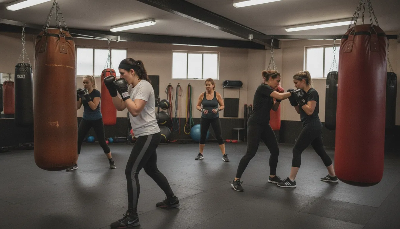 Mixed-level boxing class practicing a structured drill