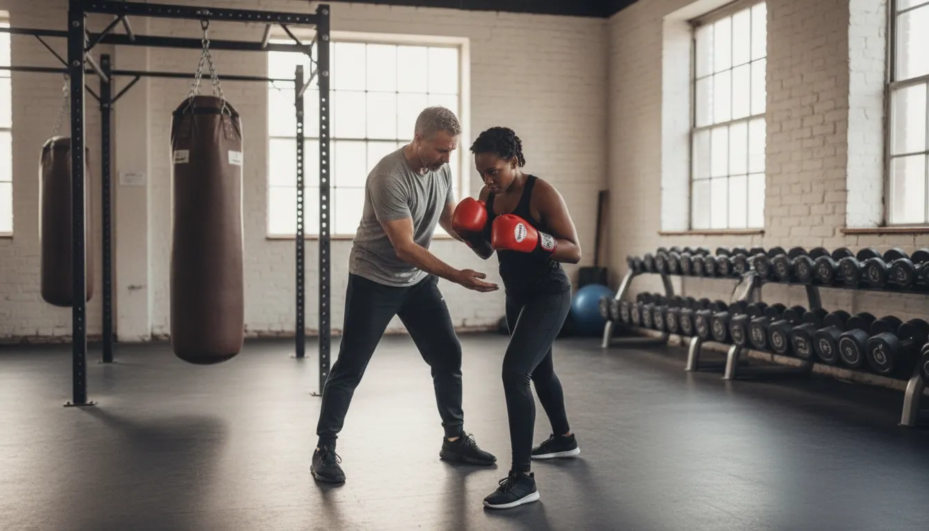 Boxing coach correcting a member's stance and footwork