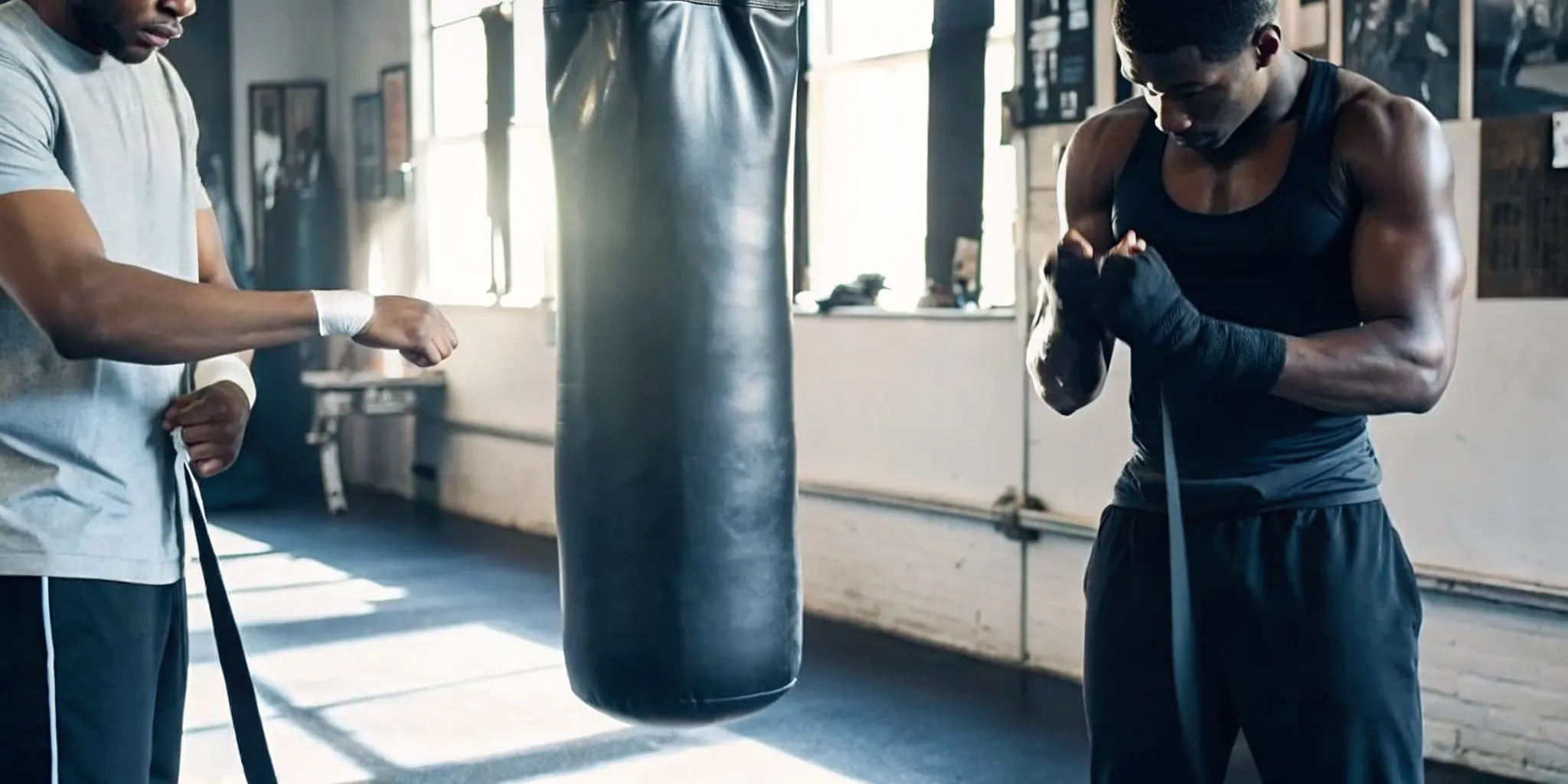 Boxing athlete wrapping hand wraps inside a Brooklyn boutique fitness studio
