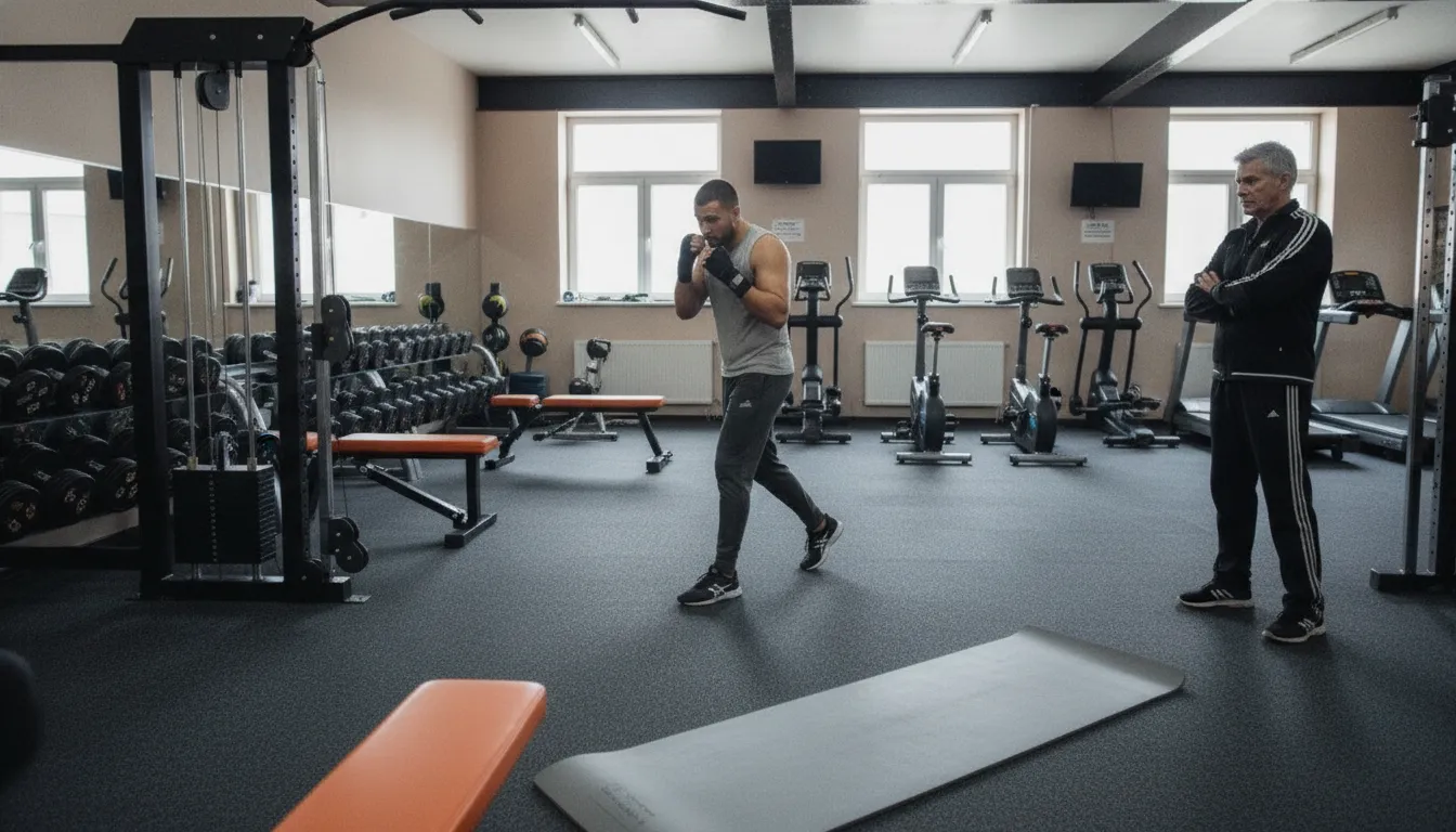 Athlete practicing controlled shadowboxing footwork in a gym