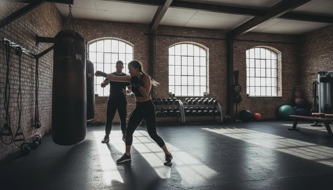 Athlete practicing boxing combinations during a HIIT workout