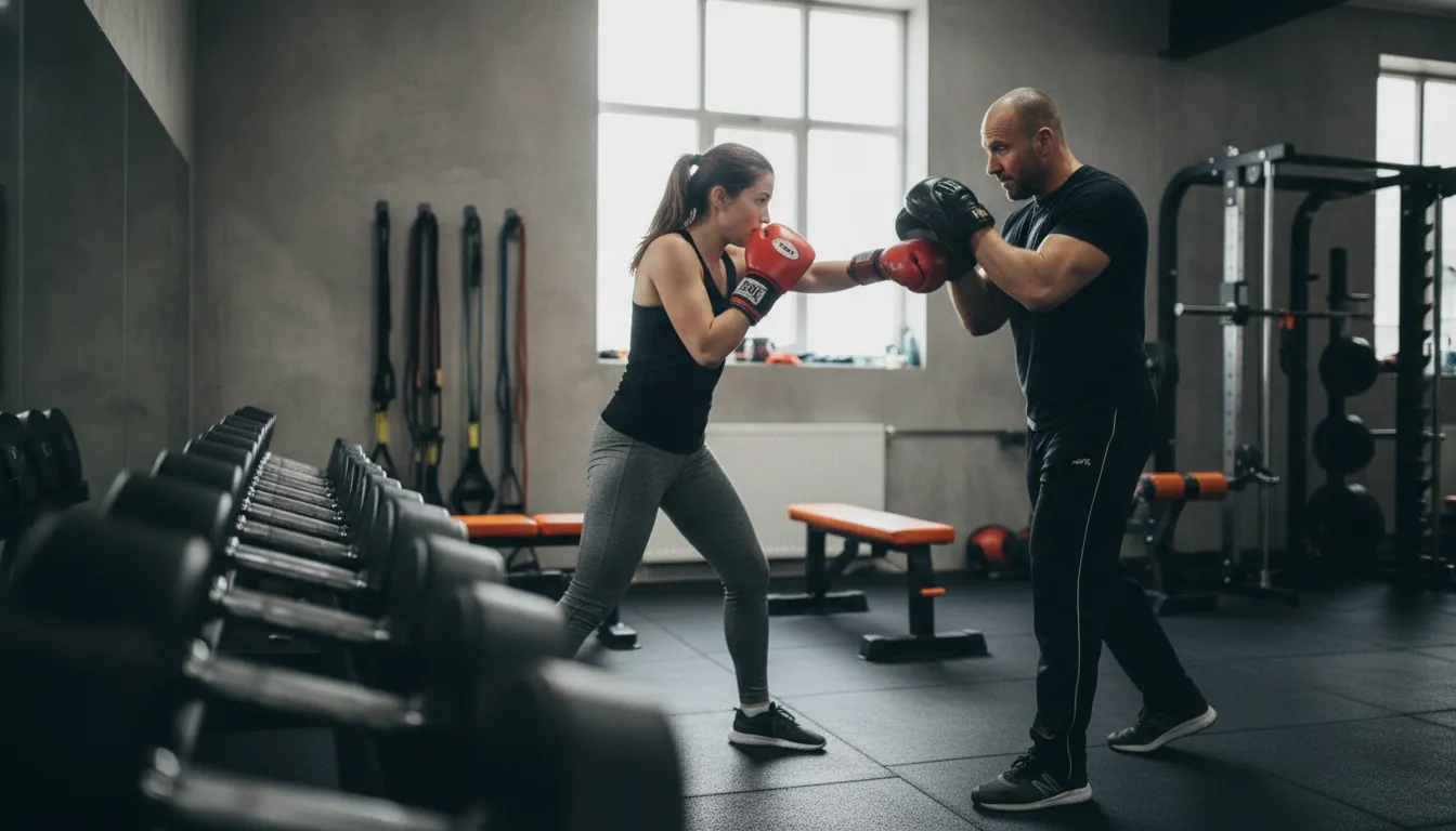 Boxing coach guiding a beginner through mitt work in a New York gym