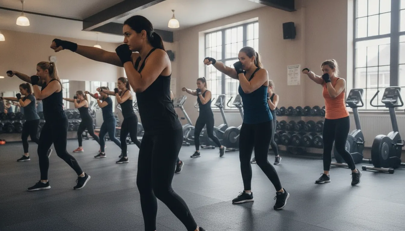 Adult beginners practicing boxing footwork in a New York gym