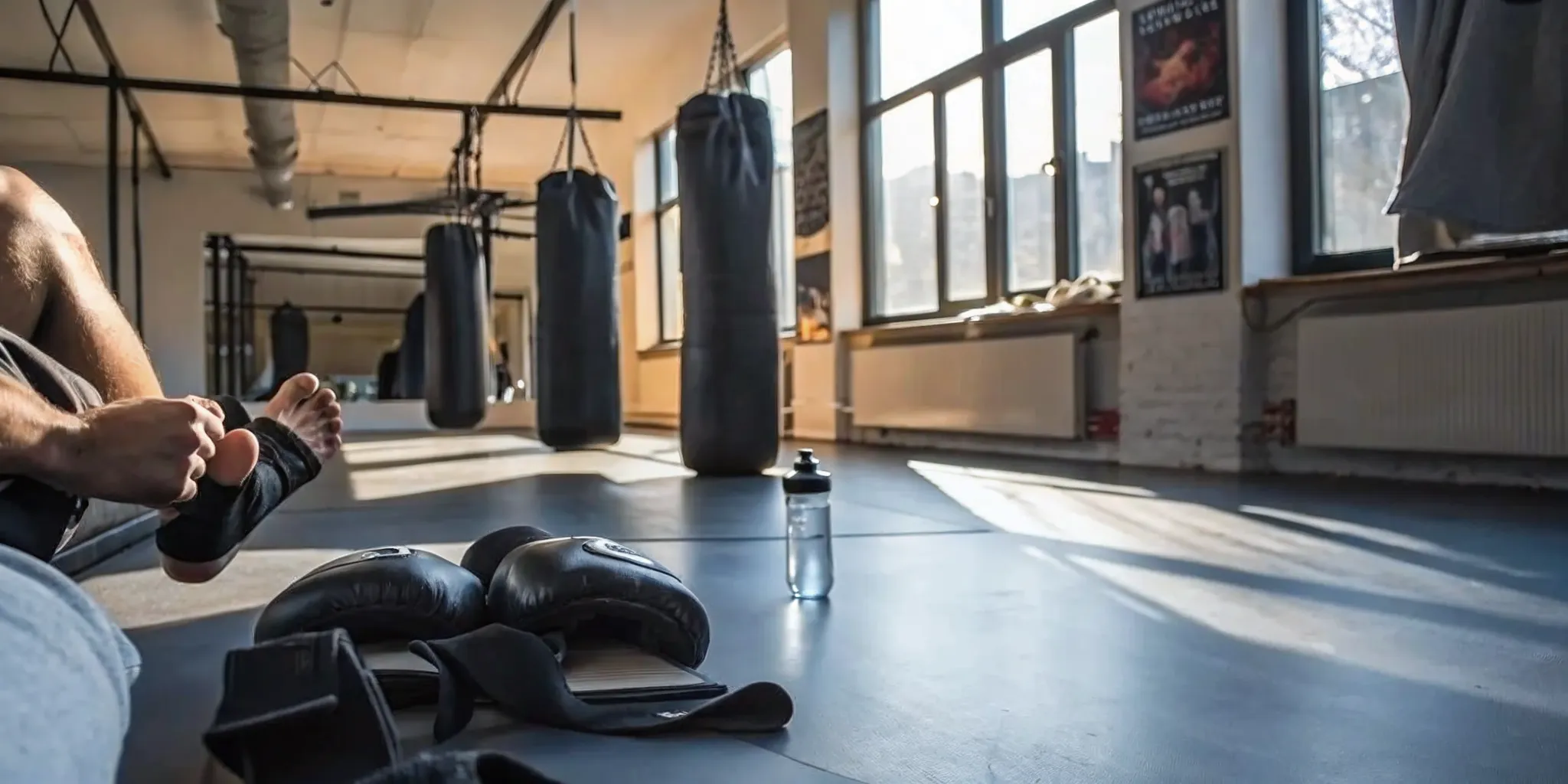 Beginner preparing hand wraps and gloves for a boxing fitness class