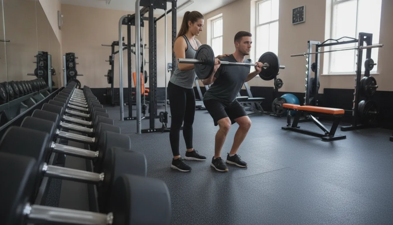 Coach guiding a trainee through strength training