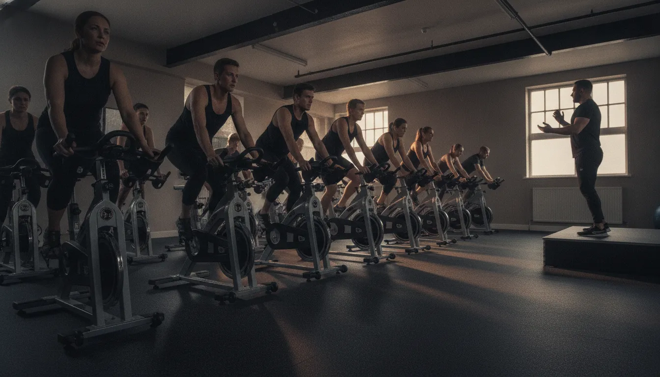 Indoor cycling riders training in a coached class