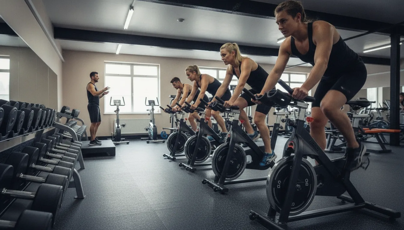 Instructors and riders in an indoor cycling class at a functional boutique gym
