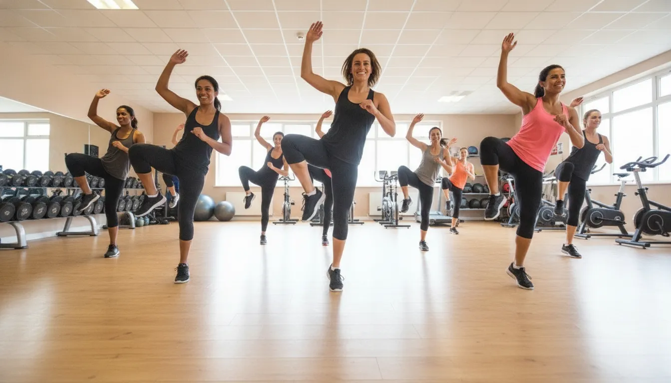 People moving through a high-energy cardio dance fitness class in a bright gym studio