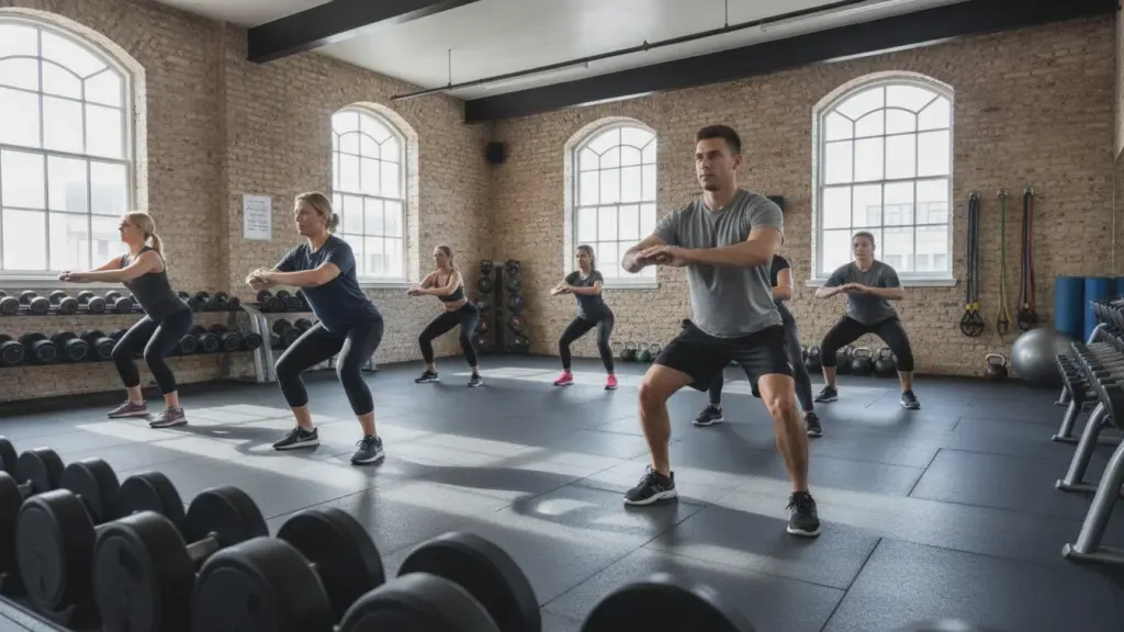Group fitness members performing controlled low-intensity movement during a deload week