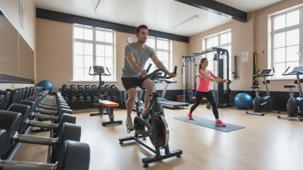Easy cycling and controlled mobility work in a group fitness deload plan
