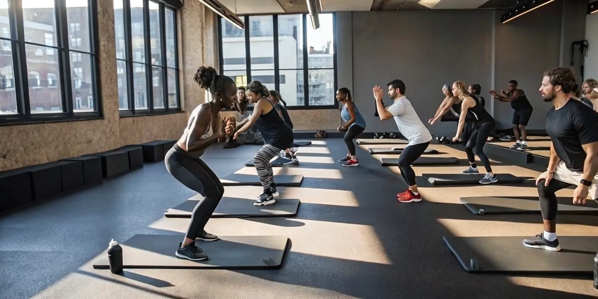 New York group fitness participants sharing studio space during instructor cues