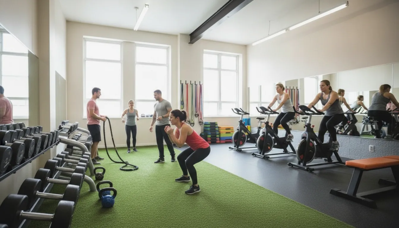 Adults comparing workout stations with a coach in a functional Williamsburg gym