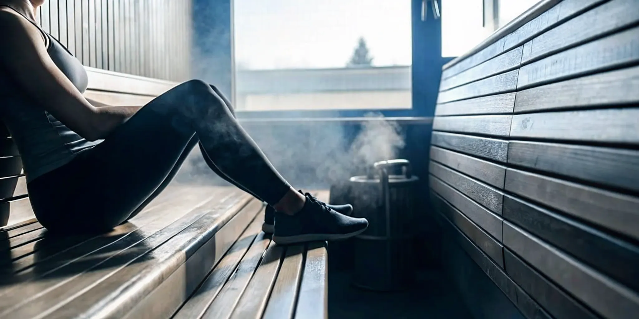 Person resting in a warm wooden sauna after a workout at a New York City boutique gym