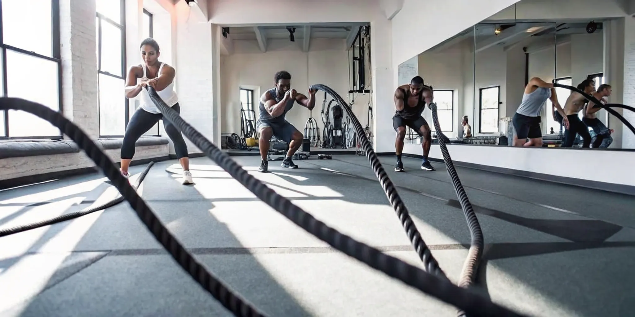 Athletes performing high-intensity interval training in a sunlit Brooklyn boutique gym