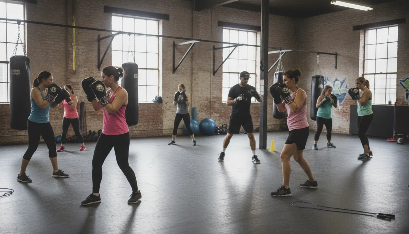 Boxing class members training with a coach in a Brooklyn gym