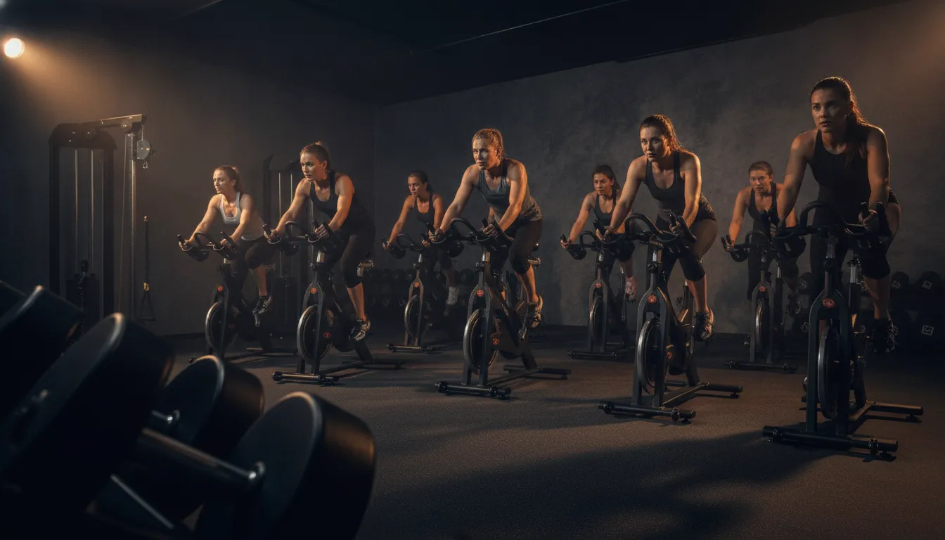 Indoor cycling class at a boutique fitness studio in New York
