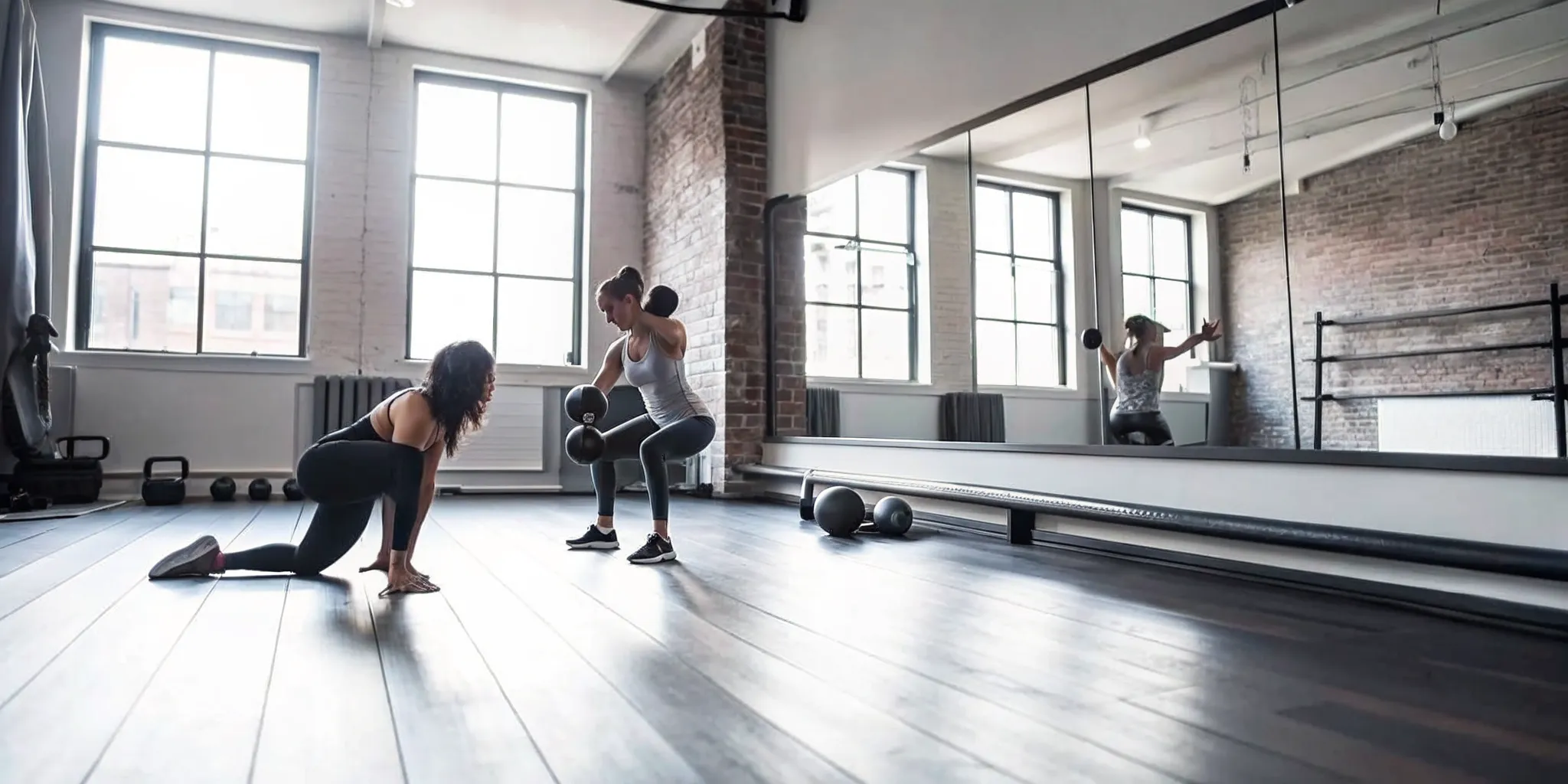 A personal trainer coaching a member through a kettlebell exercise in a bright boutique Williamsburg fitness studio.