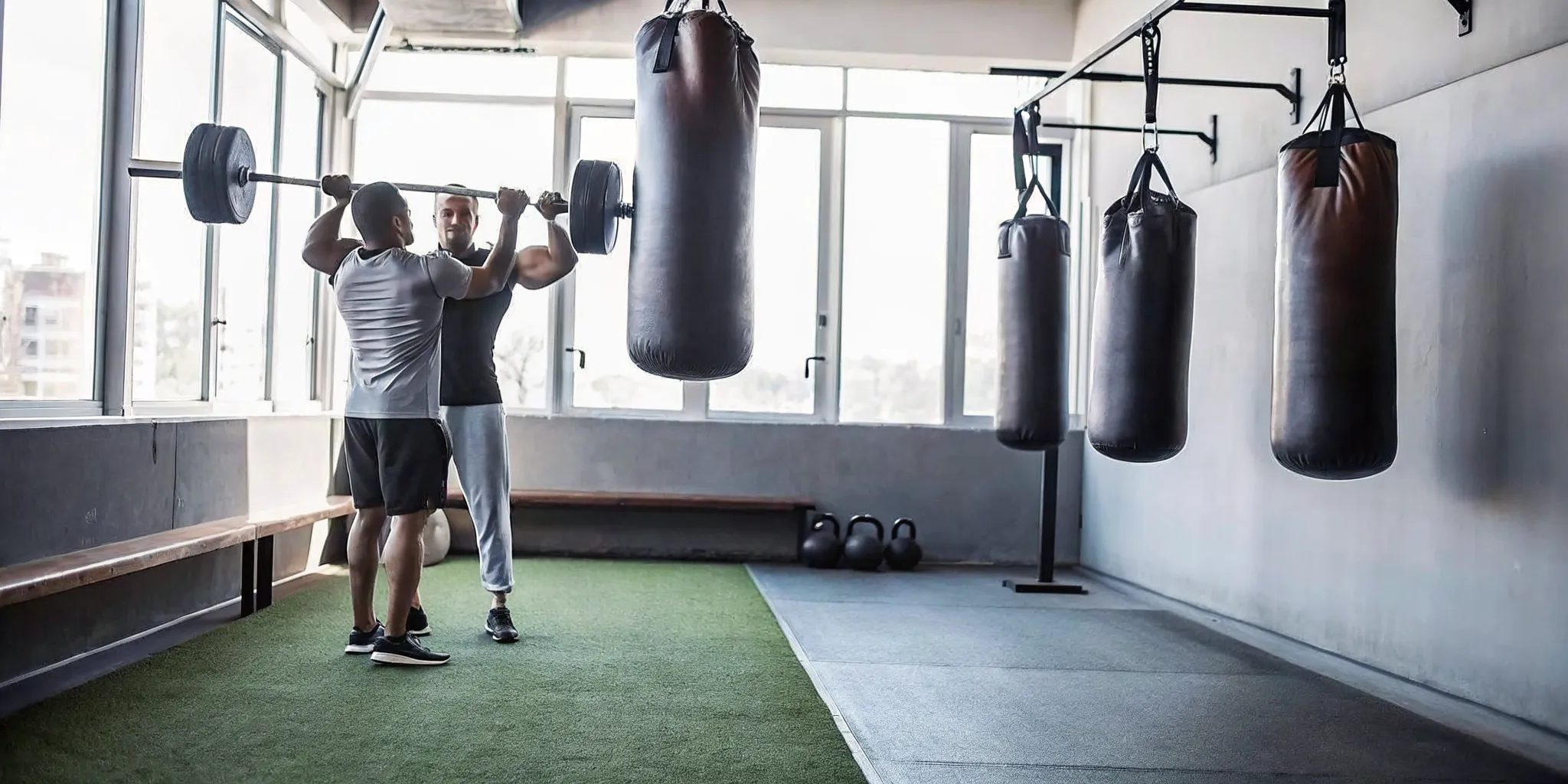 A personal trainer spotting a member through a barbell press in a compact boutique Brooklyn training space.