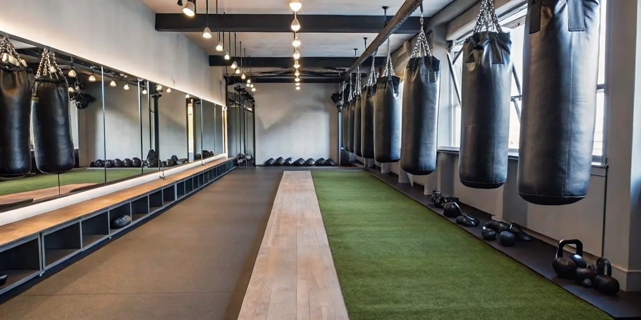 Professional boxing training heavy bags hanging in a modern Manhattan fitness studio over dark turf flooring