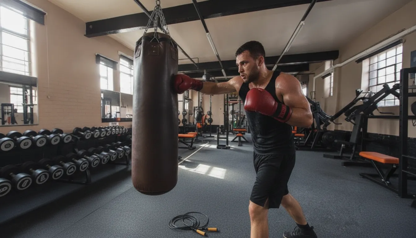Boxer doing heavy bag conditioning during boxing fitness classes