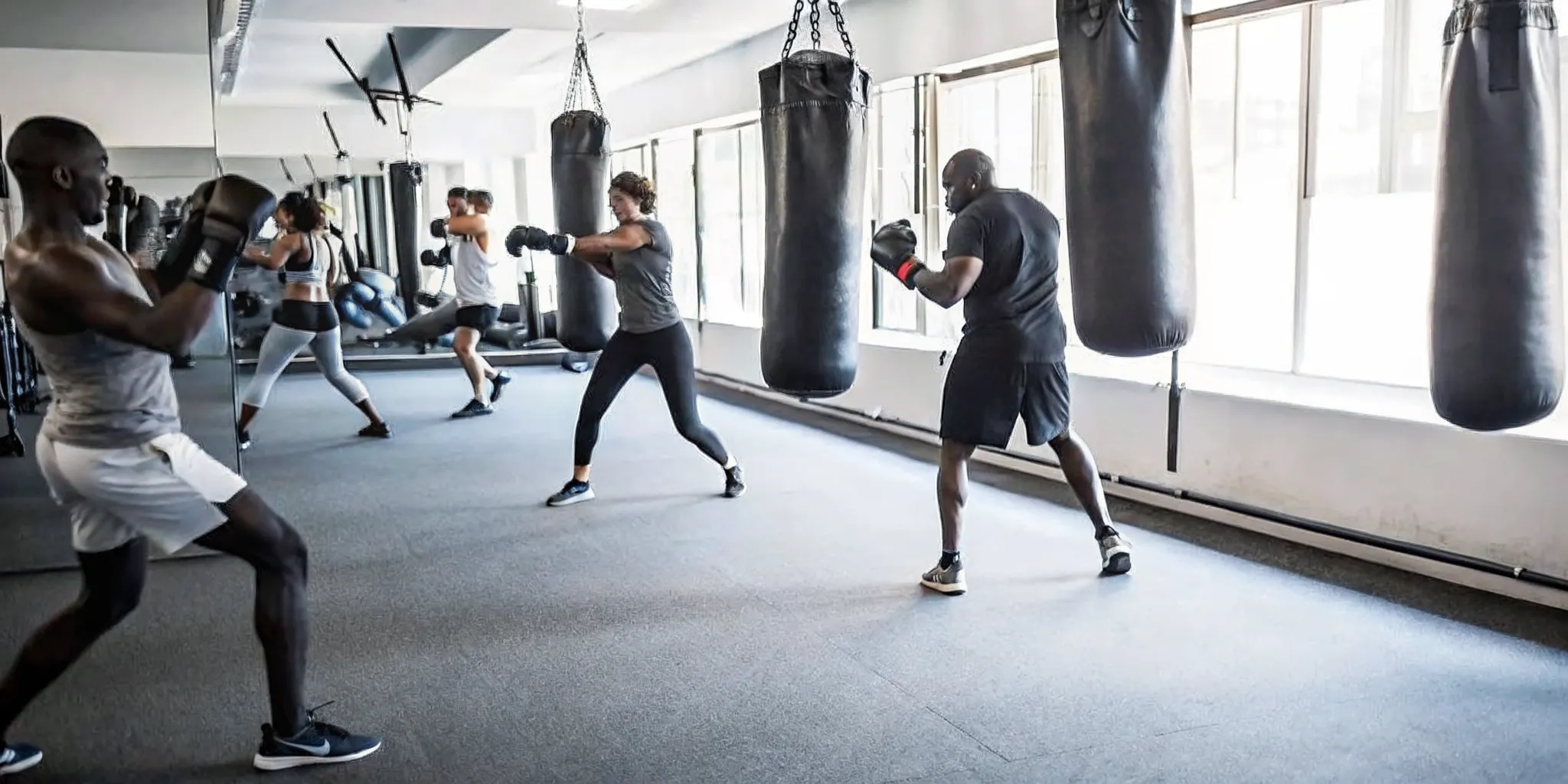 Group boxing class on heavy bags in a boutique gym in Brooklyn
