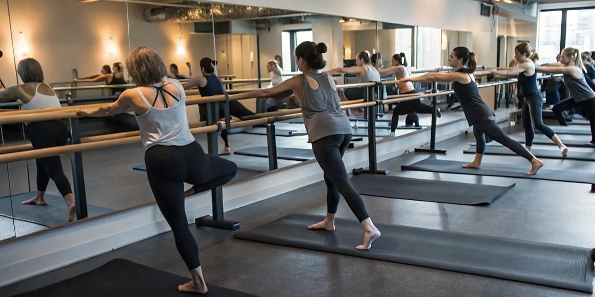 barre class participants holding deep leg positions at the ballet handrail