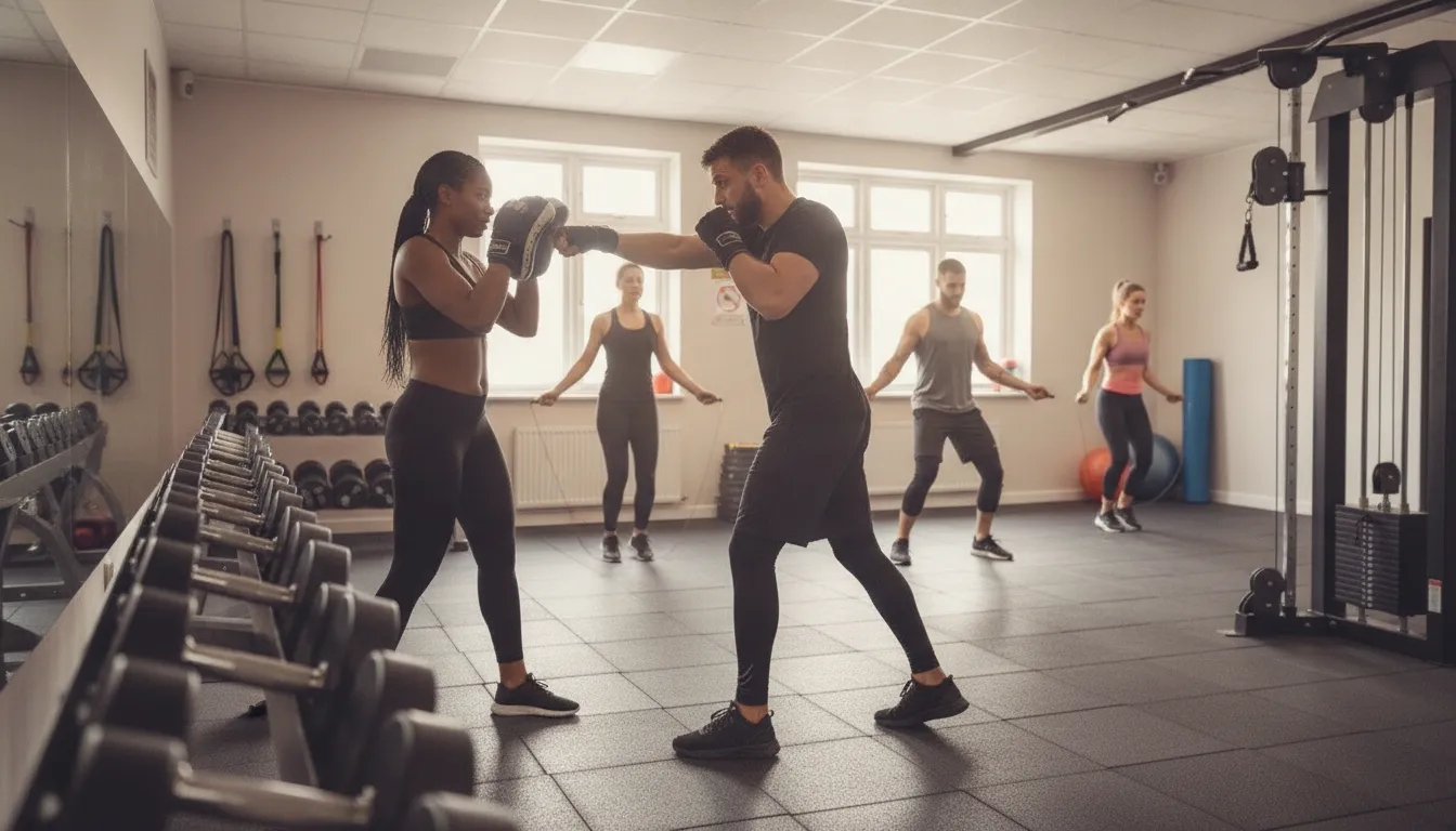 Coaches guiding a small boutique boxing class in Williamsburg, Brooklyn