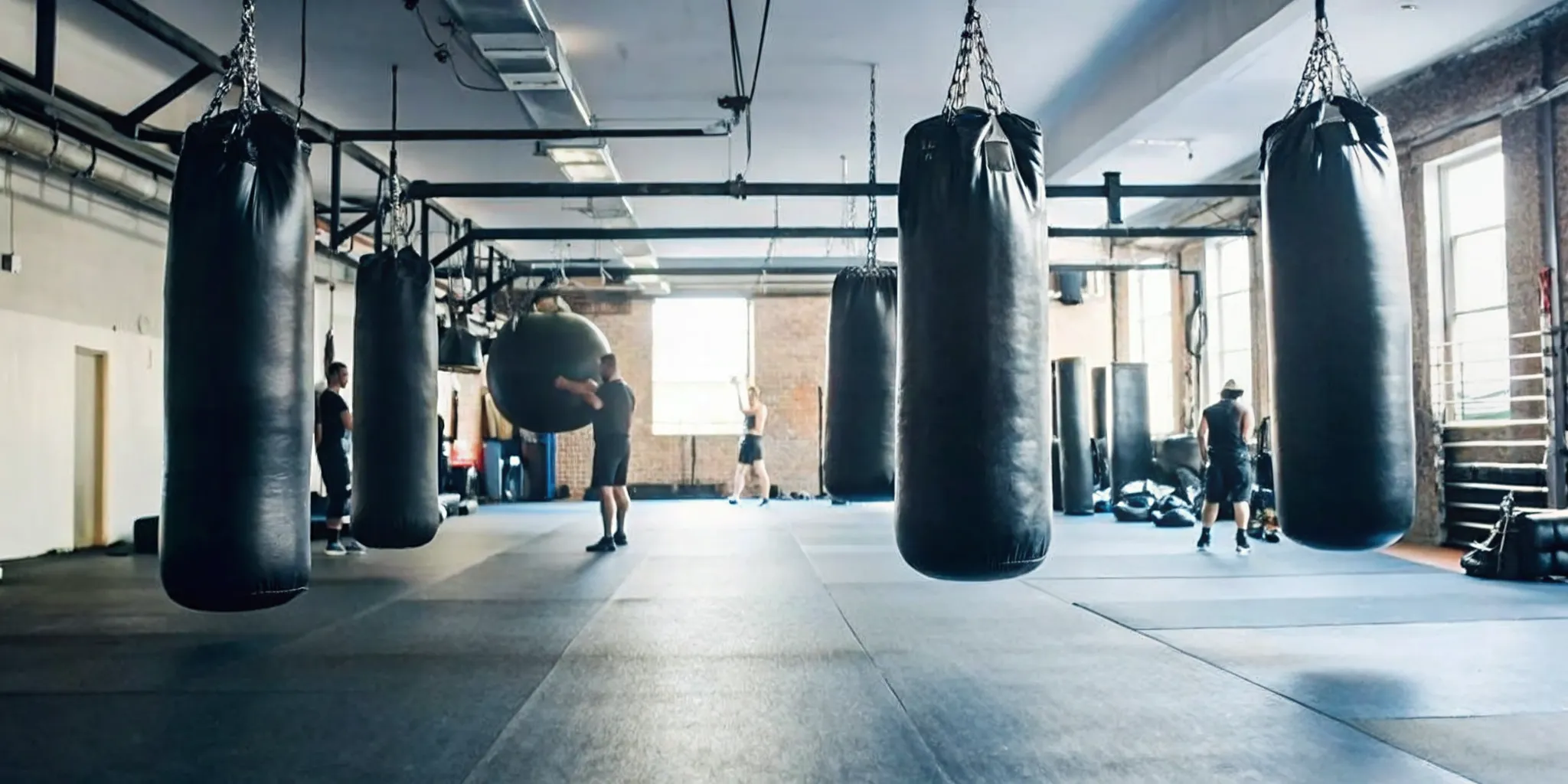Members training on heavy bags during a Boxing class at Grind House in Williamsburg Brooklyn with professional instructors providing hands-on technique guidance
