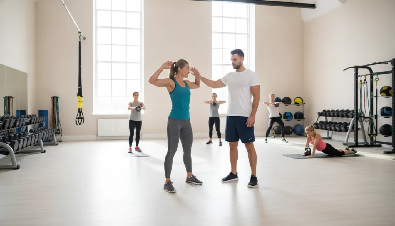 first gym class participants training in comfortable workout clothes