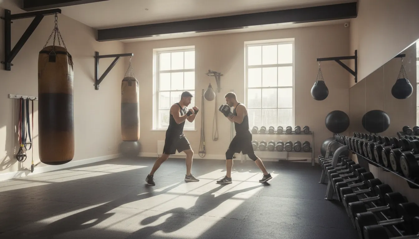 Kickboxing classes practicing jab cross hook and kick combinations