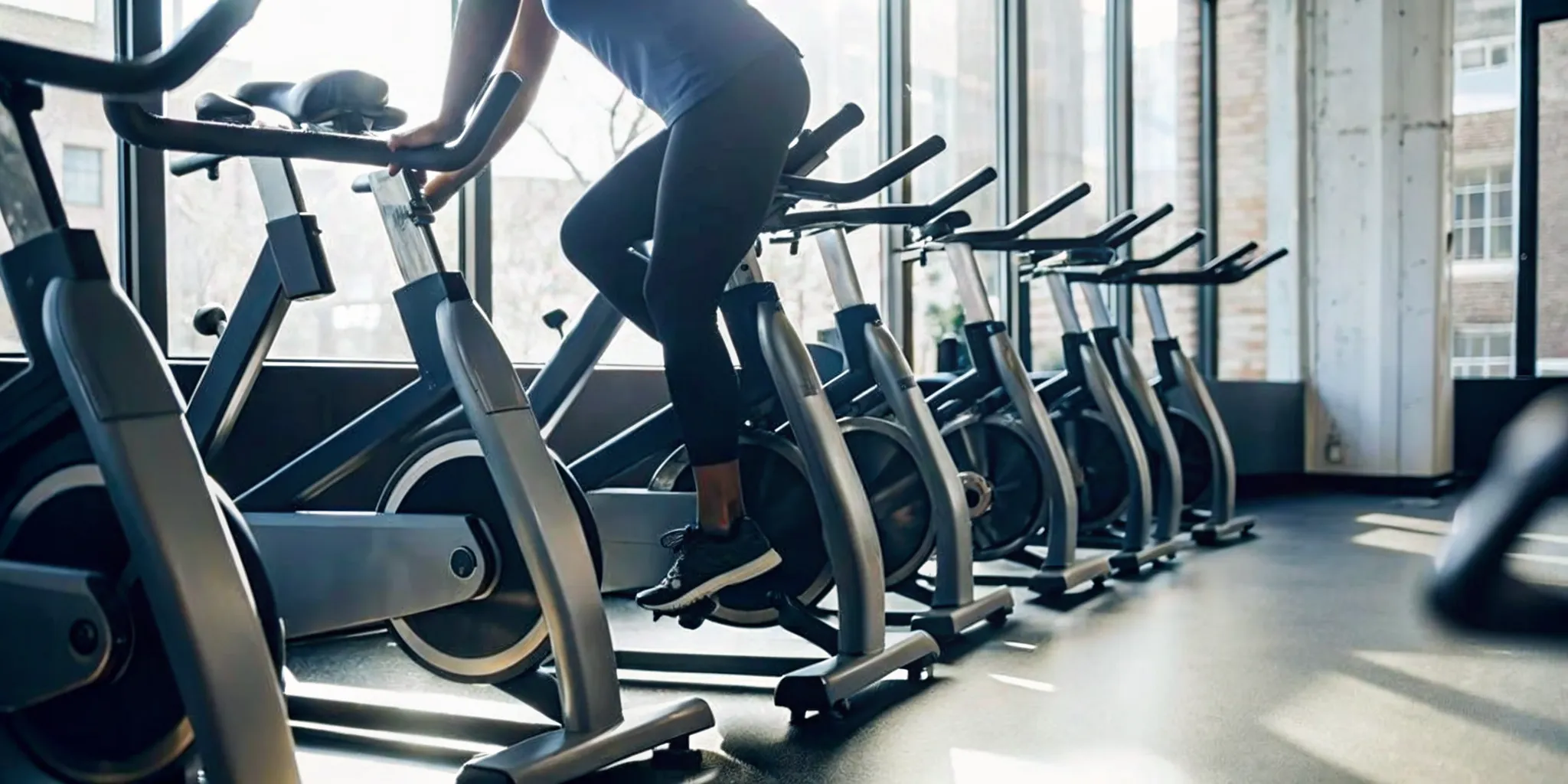 First-time rider securing athletic sneakers in indoor cycling pedal cages