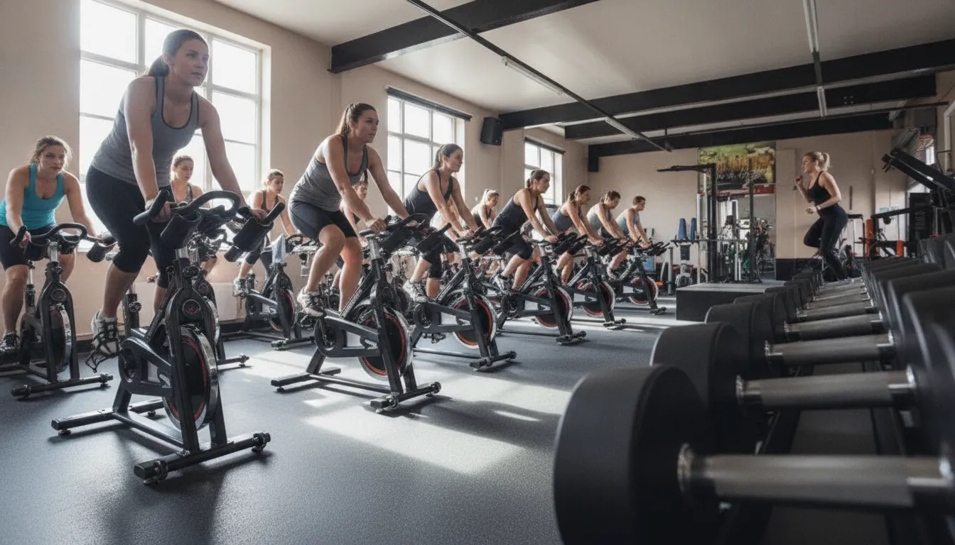 Riders in an indoor cycling class at a Grind House functional gym in NYC