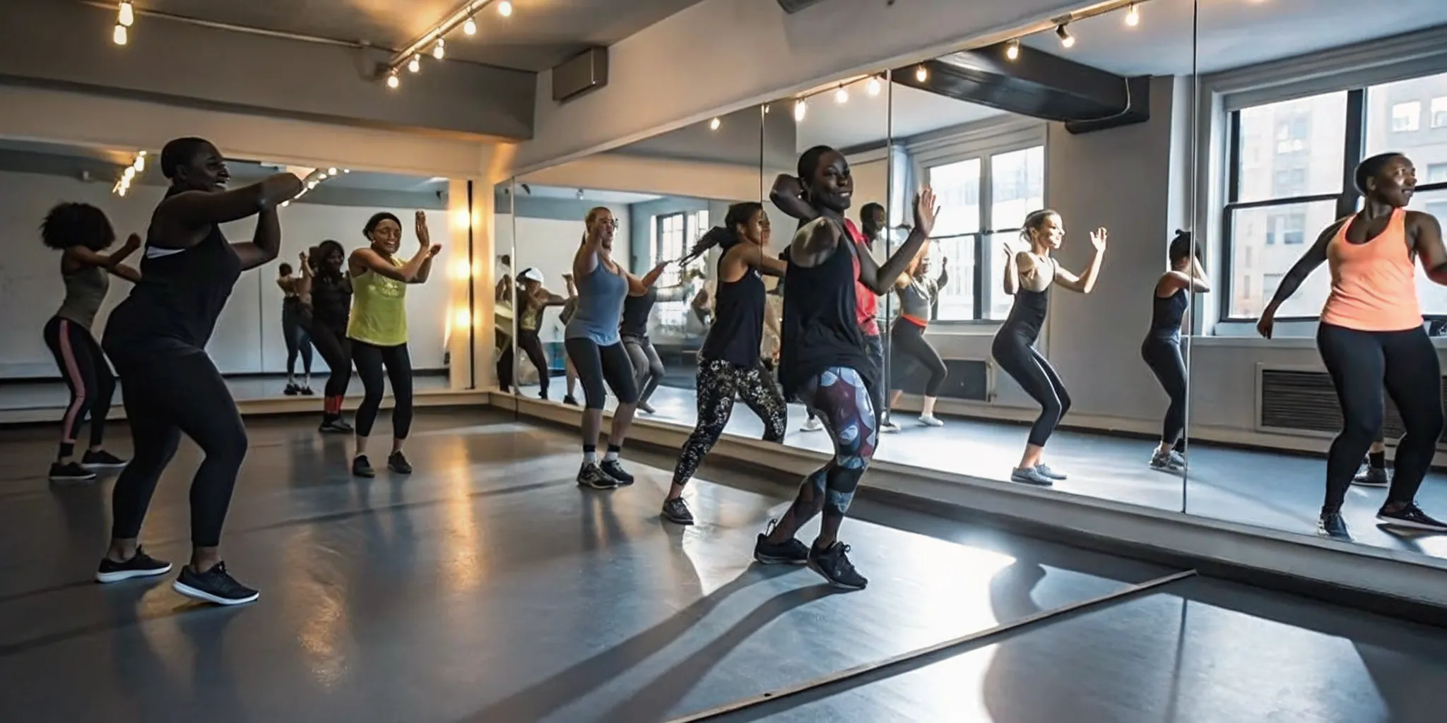 Energetic group cardio dance class in a New York City fitness studio