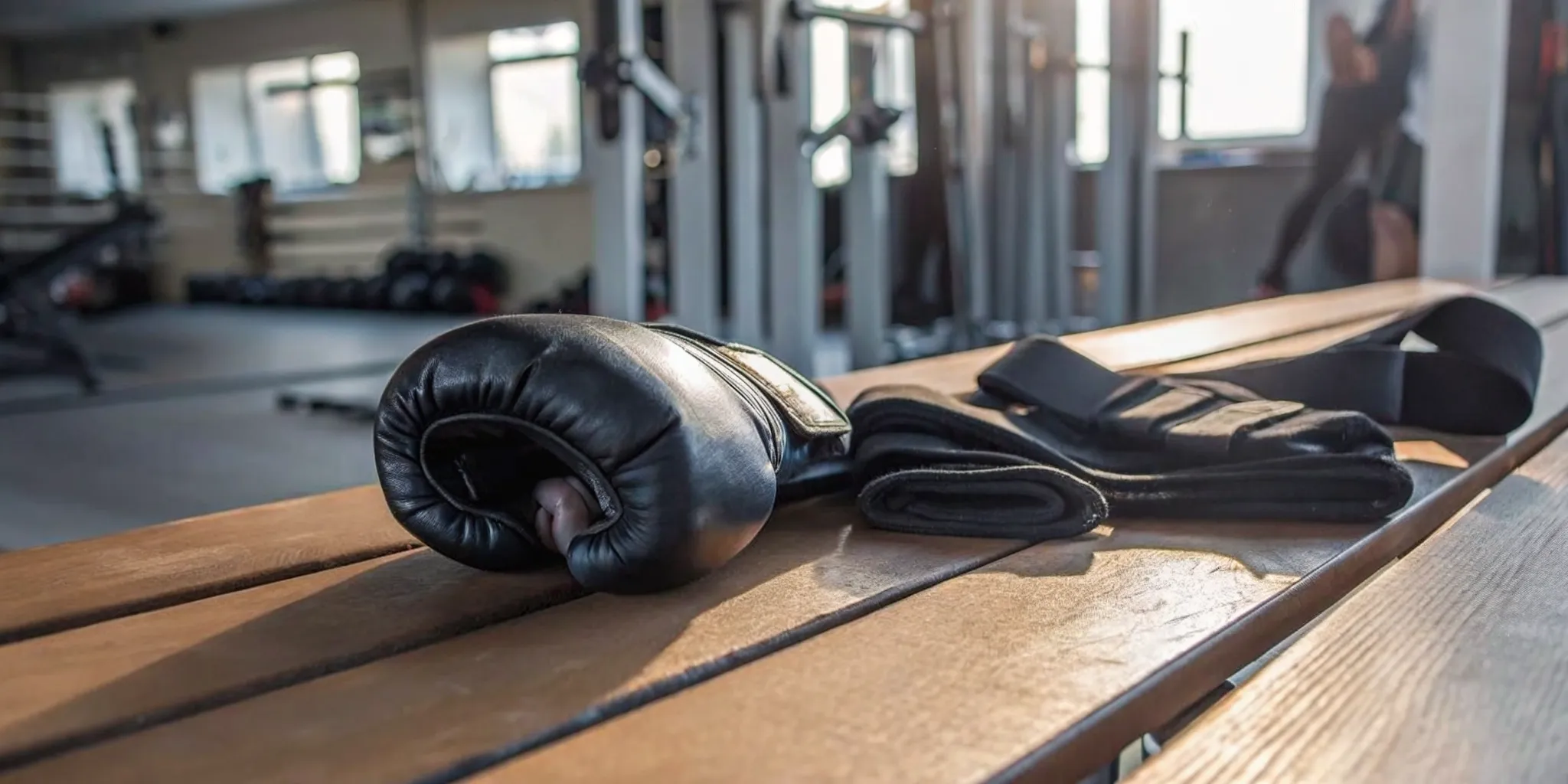 Boxing gloves and hand wraps on a gym bench