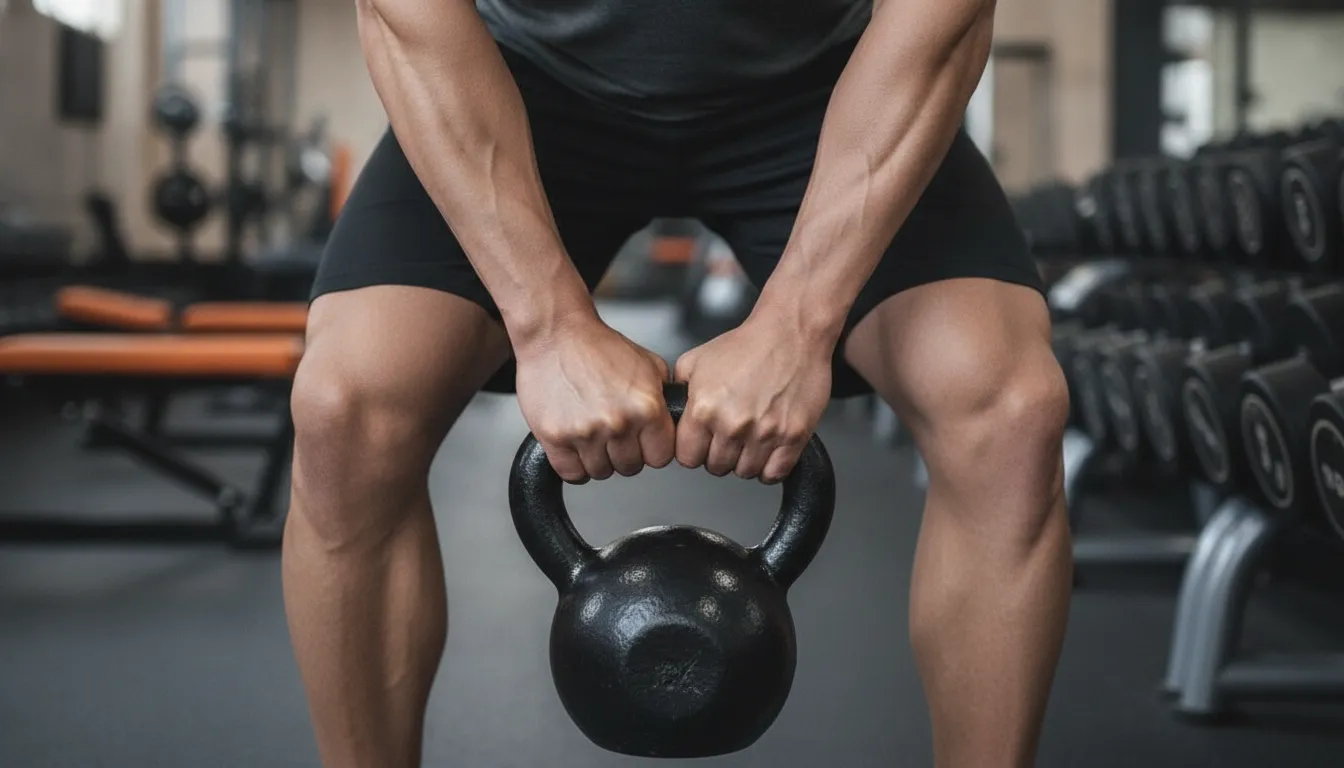 Athlete gripping a kettlebell handle with both hands before a kettlebell swing
