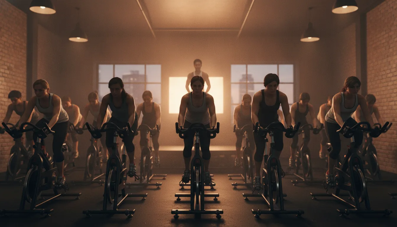Riders moving together in a high-energy spin class, sharing the benefits of spin classes in a NYC studio