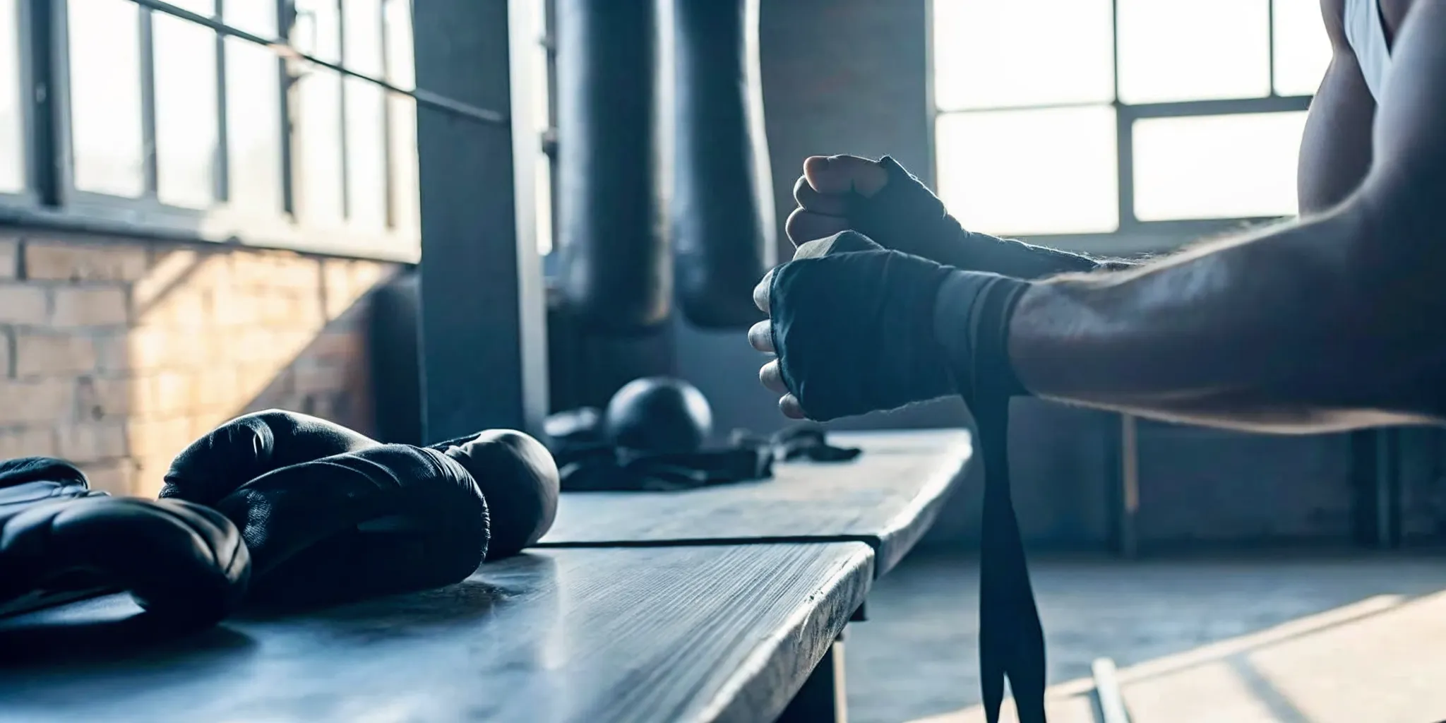 Boxing student wrapping hand wraps before class at a Williamsburg boutique boxing gym