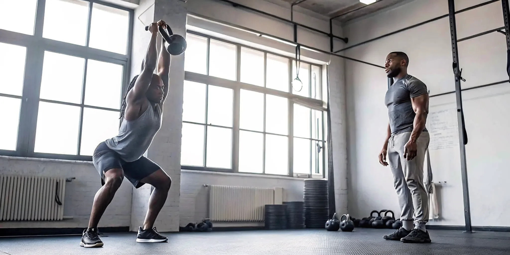 Athlete practicing a controlled kettlebell swing with a coach