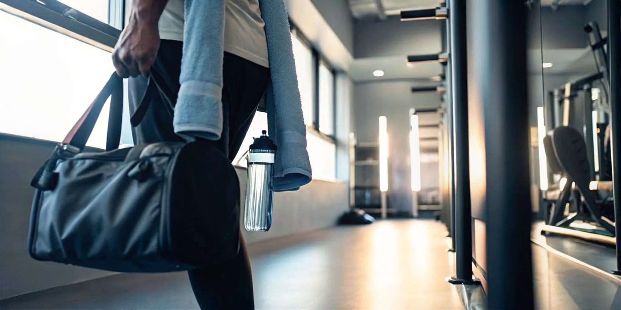 Person carrying a gym bag with water bottle and towel walking into a modern fitness studio