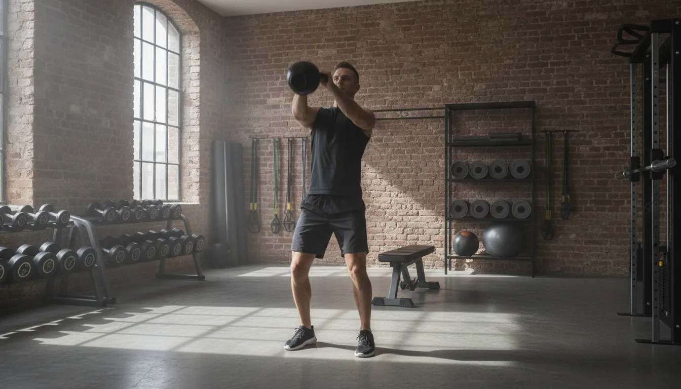 Athlete mid-swing of a kettlebell with explosive hip extension in a gym