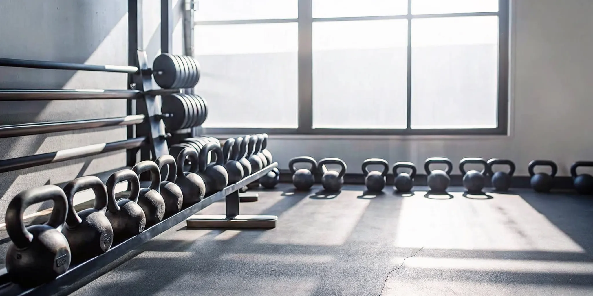Kettlebells and dumbbells arranged for strength training