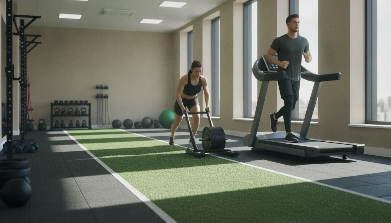 Members training across functional turf and tread equipment in a boutique Williamsburg gym